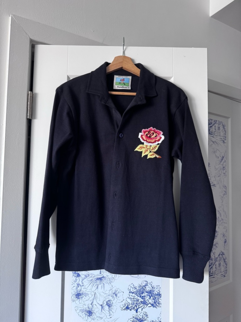Navy Rowing Blazers Button-Up Jacket with Embroidered Rose 🥀